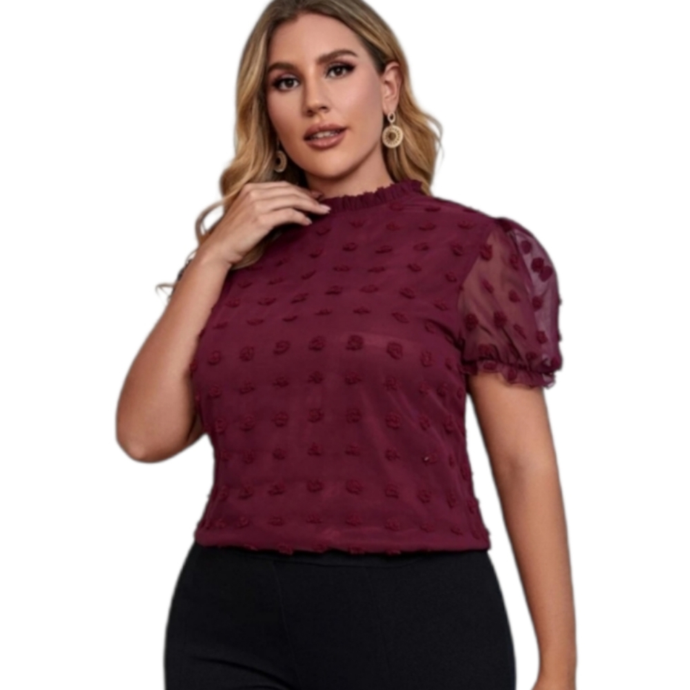 Shein Curve Plus Size 3XL Swiss Dot Top Blouse Size Burgundy Short Sleeve Lined - Picture 1 of 11